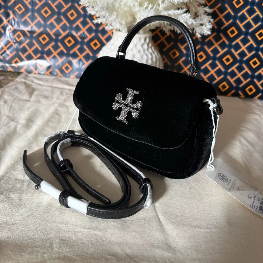 NWT , TORY BURCH BRITTEN VELVET PUFFY MINI TOP HANDLE BLACK
